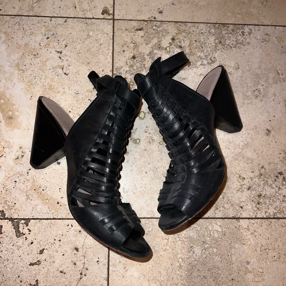 Vince Camino Peep Toe Black Leather Strap Sandal